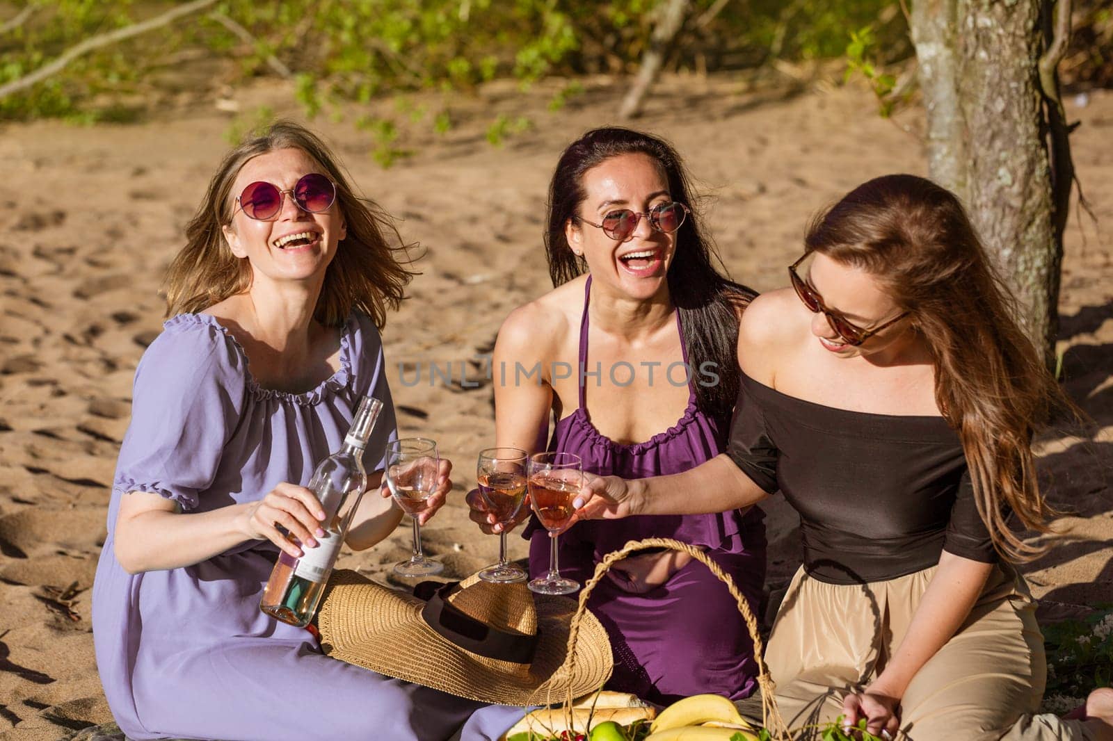 Three cheerful girlfriends at a summer picnic. Happy women drink wine in nature. Vacation of free girls of Caucasian appearance in the summer on the sand