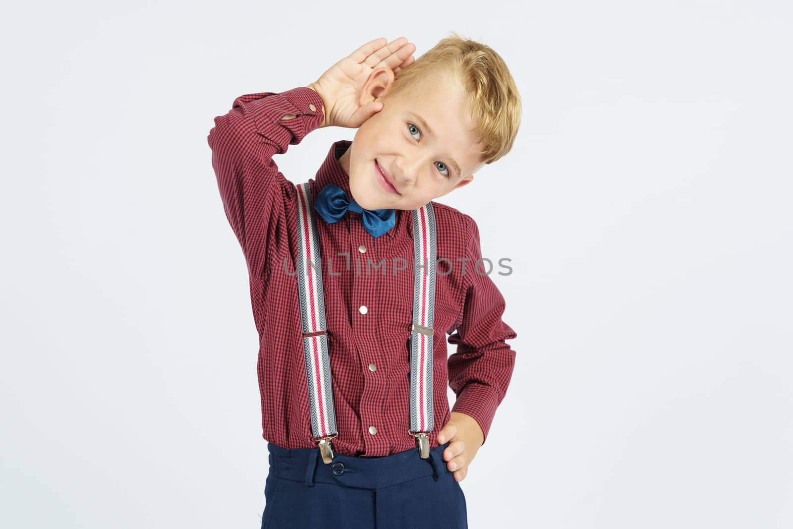 A portrait of a schoolboy who pretends to hear poorly. Isolated background. by Sd28DimoN_1976