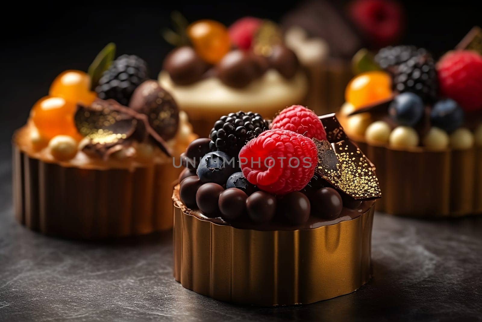 Luxurious designer pastries with berries in chocolate. Professional confectionery with strawberries, blackberries, tangerines. by AndreyKENO