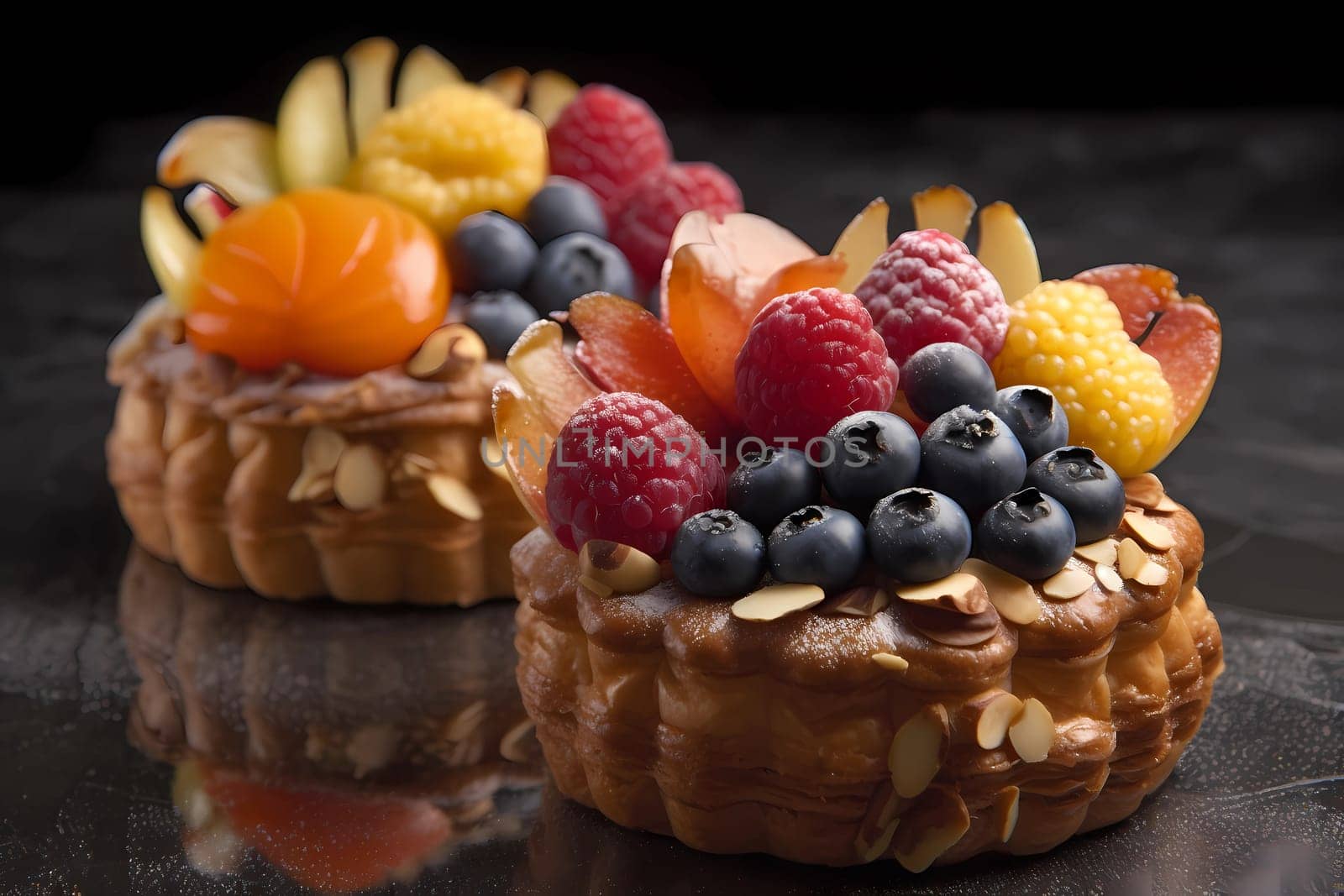 Luxurious designer pastries with berries in chocolate. Professional confectionery with strawberries, blackberries, tangerines and blueberries.