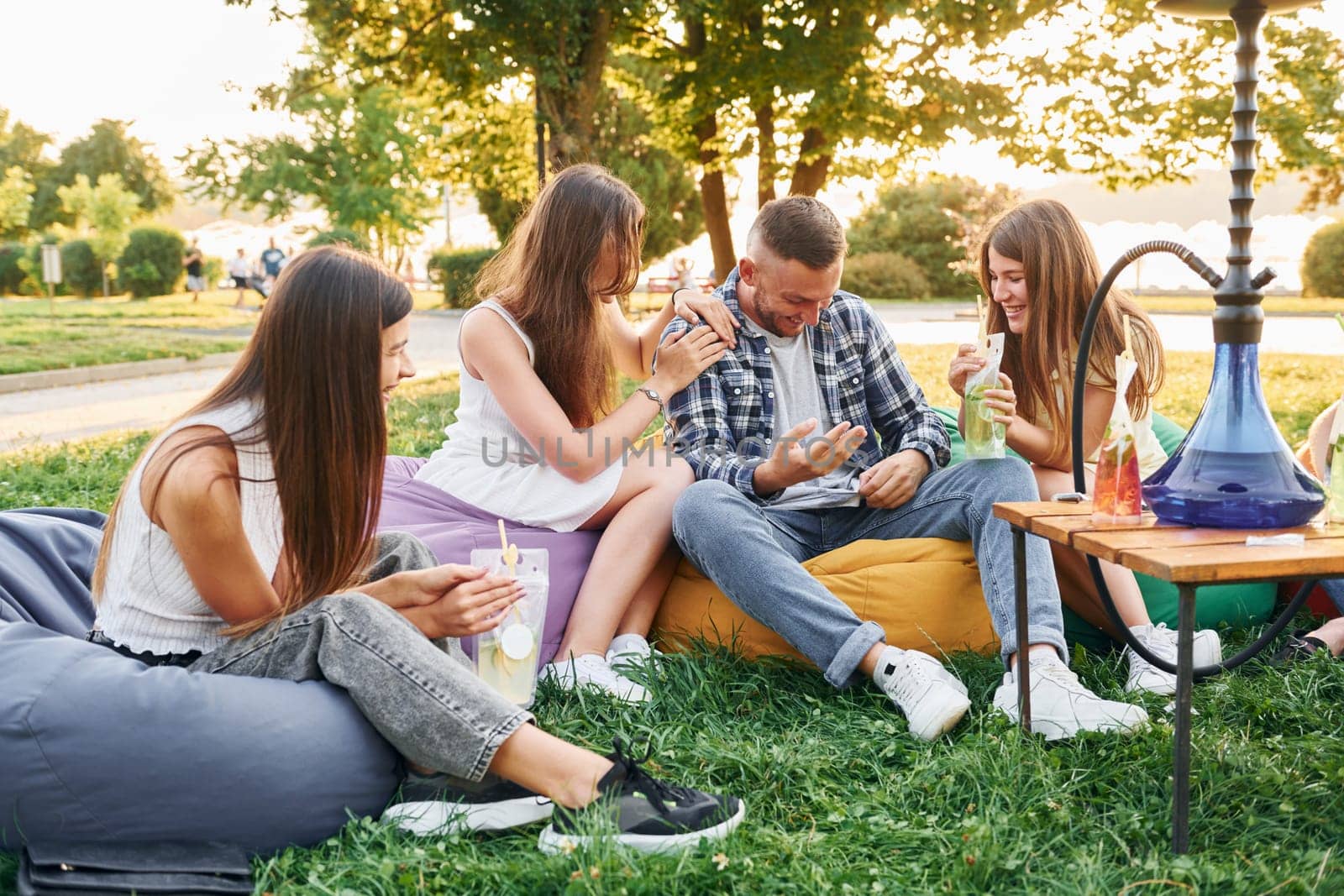 In casual clothes. Group of young people have a party in the park at summer daytime.