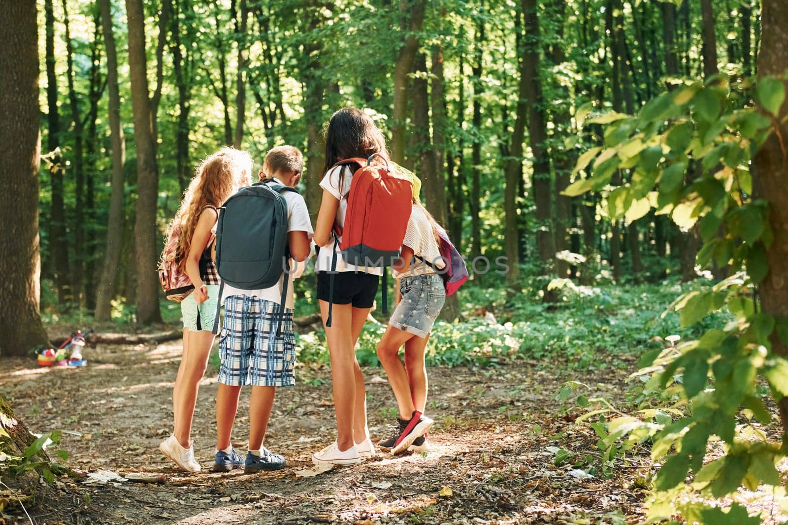 Kids strolling in the forest with travel equipment.