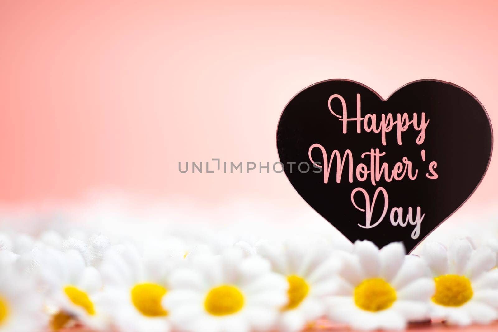 Happy mothers day card with bright pastel pink background and white daisy flowers, Mothers Day theme, pink heart concept with copy space space for text