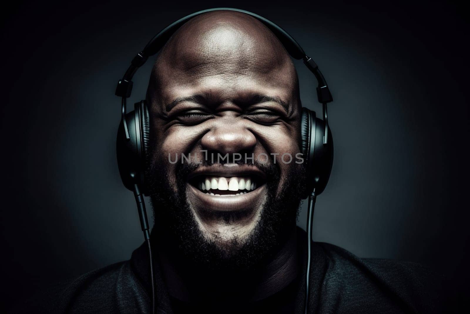 Happy afro-american man enjoying listening to jazz music using headphones. Closeup portrait, AI generative