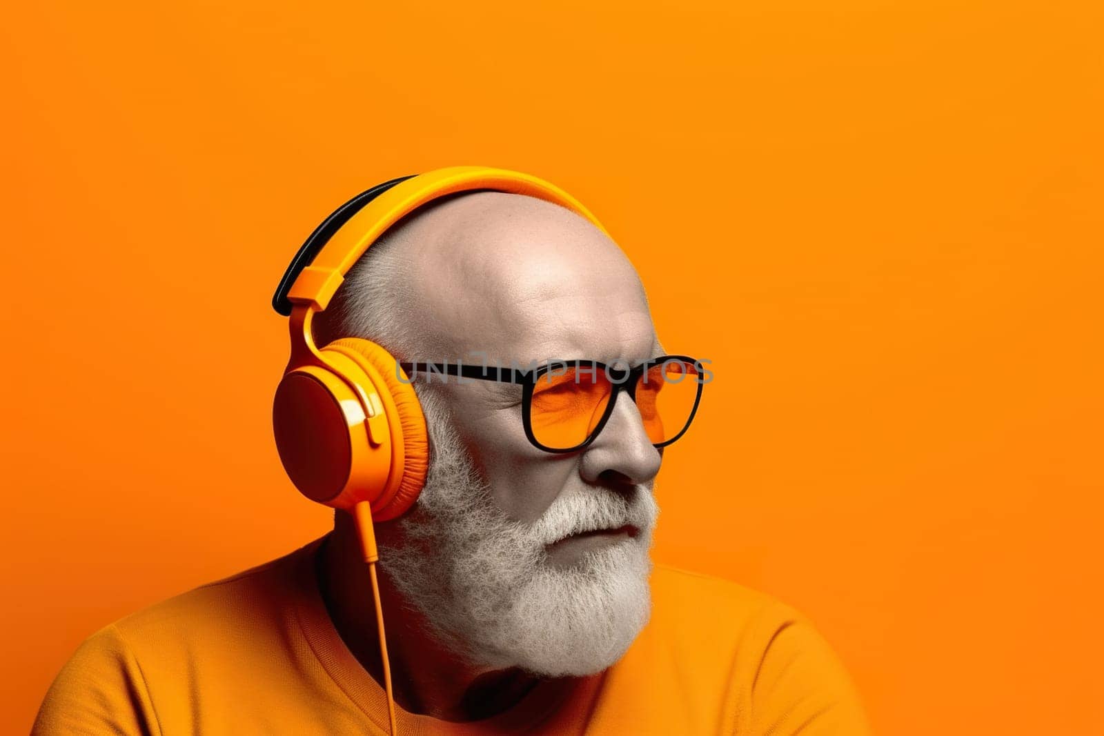 Senior caucasian bearded man wearing amber eyeglasses is listening to jazz music using orange colored headphones on orange background. Closeup portrait, AI generative, copy space