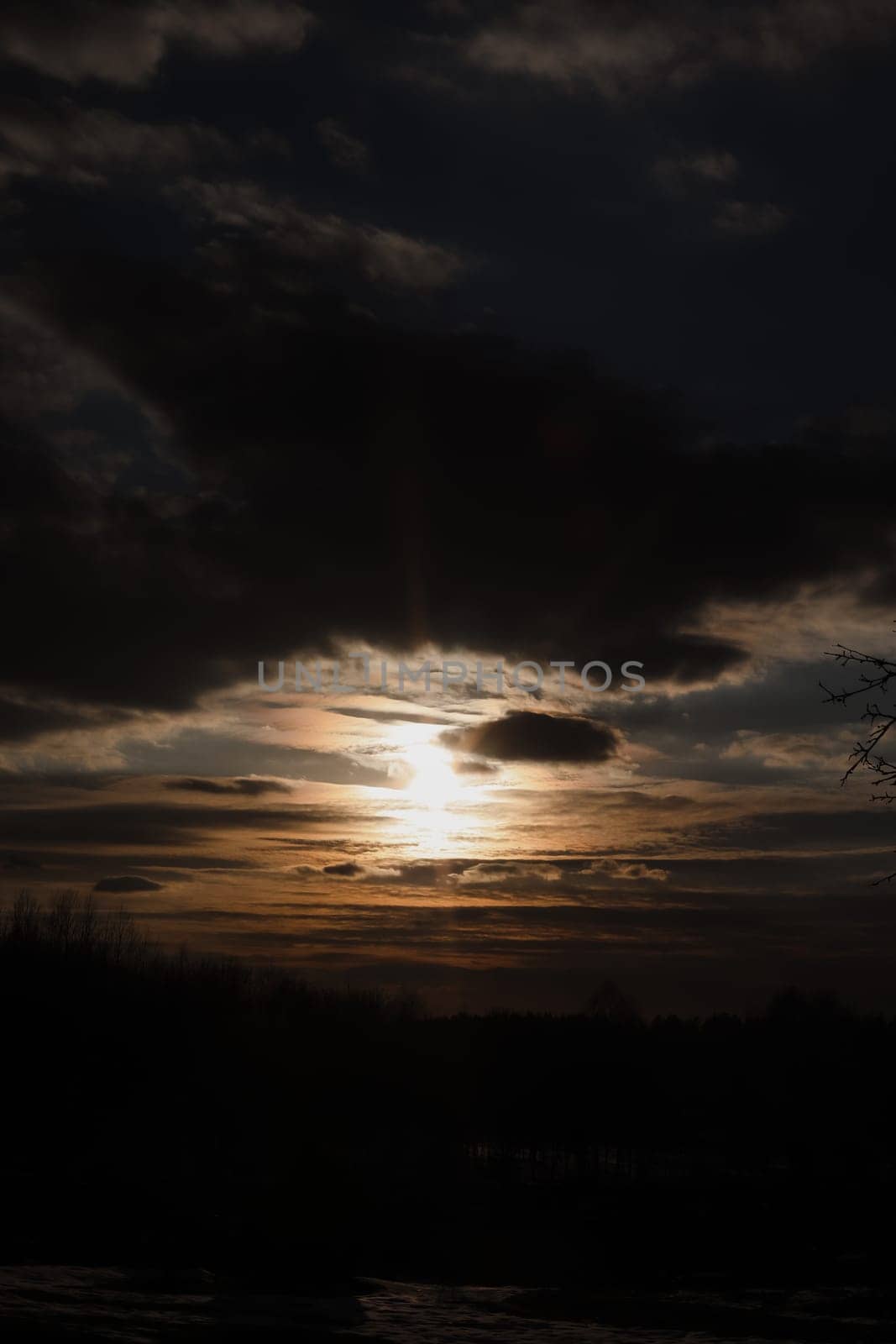 Natural sunset or sunrise. Bright dramatic Sky. Countryside Landscape under Scenic Colorful Sky at Sunset. Sun over skyline, Horizon