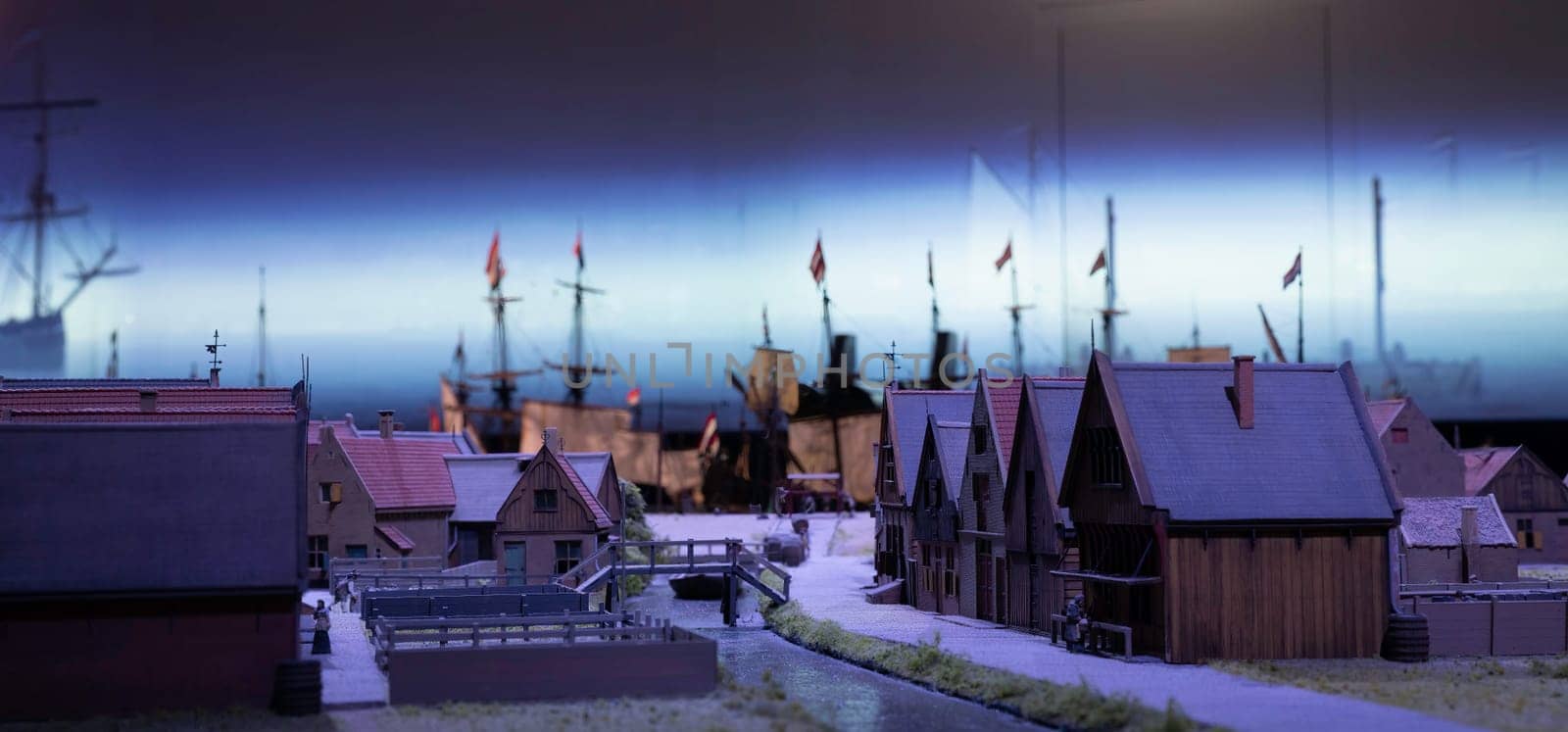 model of the island of texel from the old days with the fishermen's cottages and fishing fleet