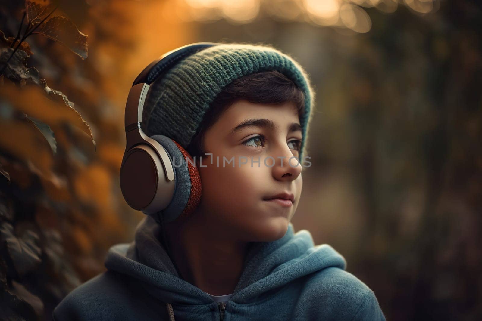 Teenage caucasian boy outdoors wearing headphones isolated at natural defocused background, closeup portrait, AI generative, lot of copy space