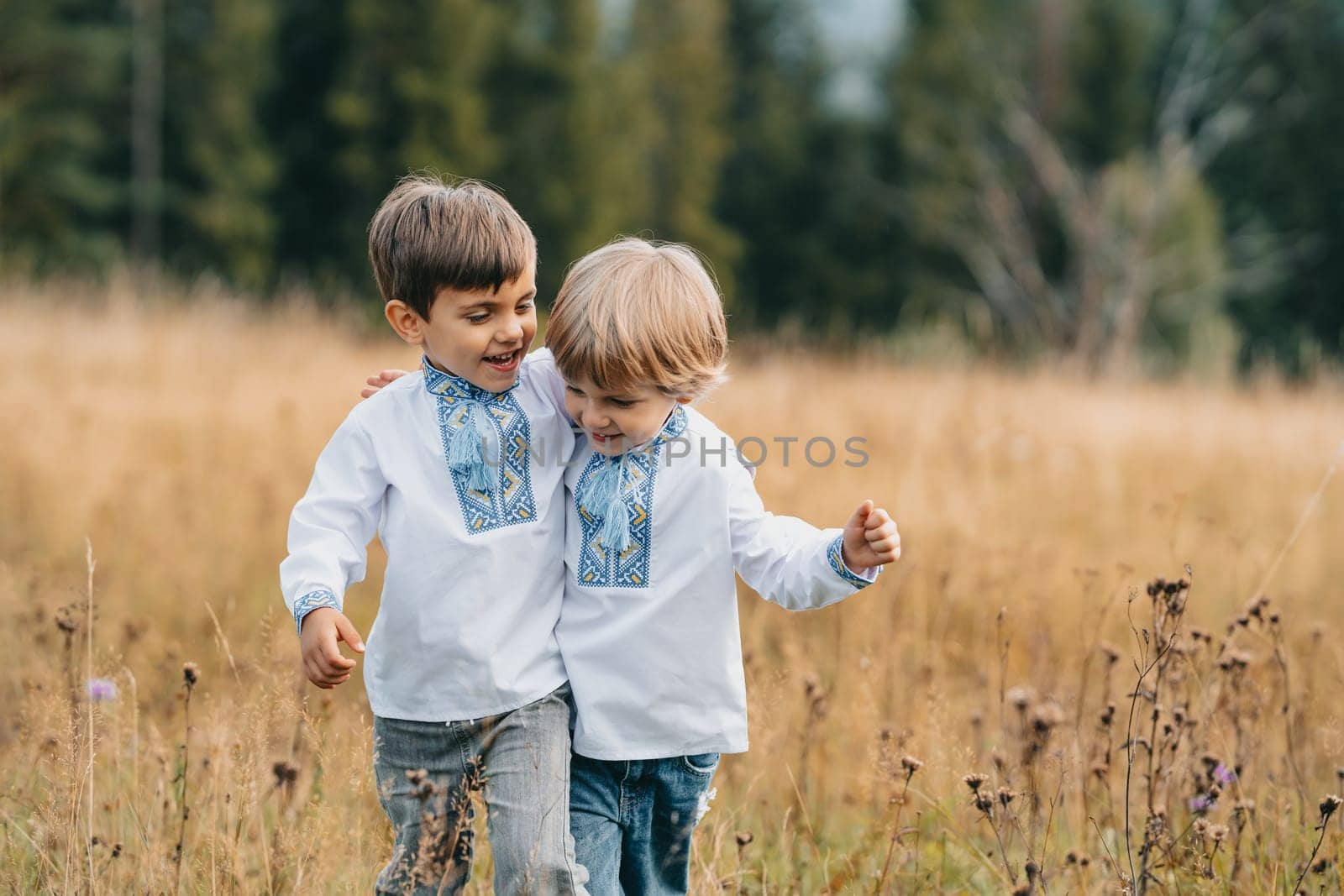 Happy glad boys - Ukrainian patriots children on meadow of Carpathian mountain. Ukraine, family, brothers twins, best friends, peace, freedom, win in war. High quality photo