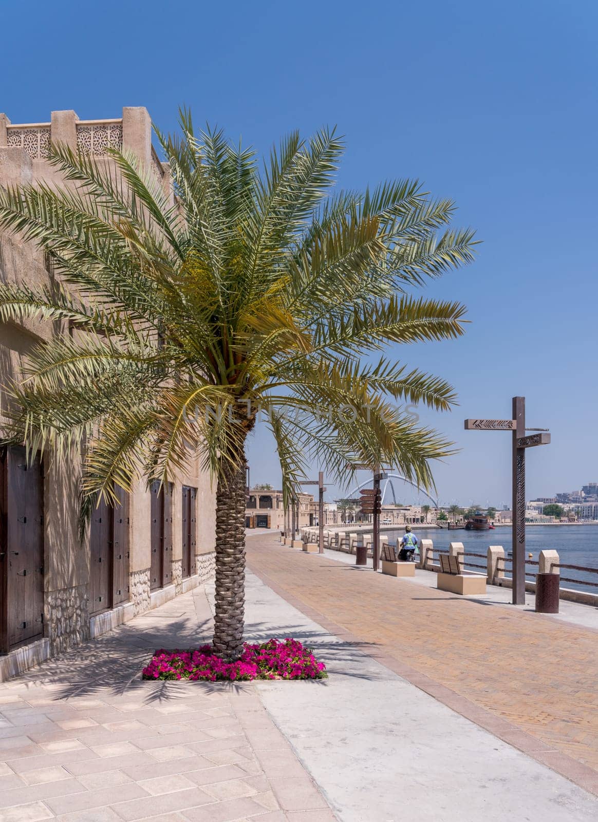 Wide promenade along the Creek in the Al Shindagha district and museum in Bur Dubai