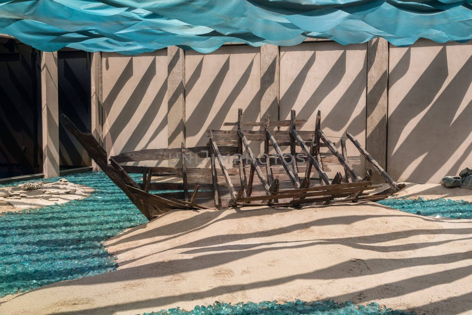 Reconstruction of shipwrecked Dhow underwater in the Al Shindagha district and museum in Bur Dubai