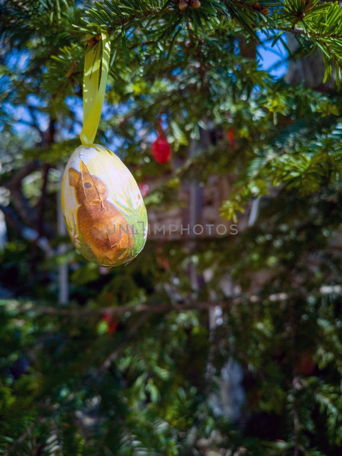 Easter Eggs on the trees. Traditional bulgarian national decoration for Easter. Bulgaria, Nesebar,