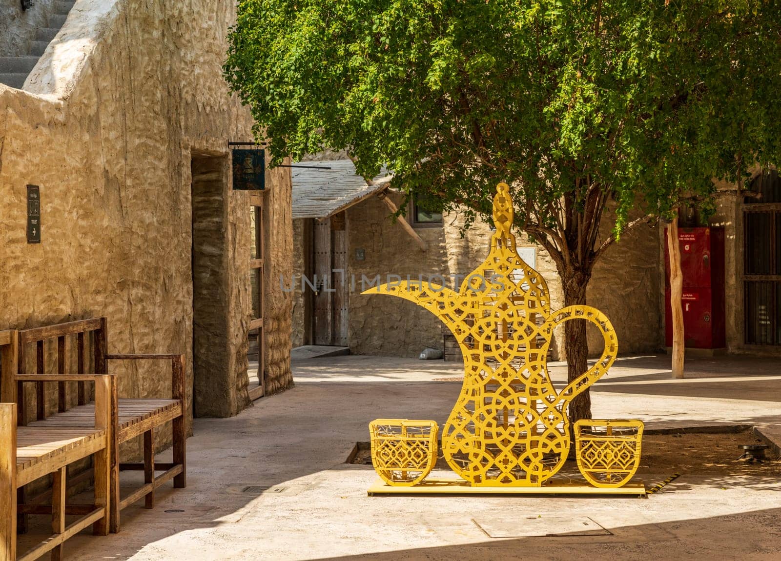 Traditional turkish coffee jug by the souk in the Old city of Dubai near Al Seef or Bur Dubai