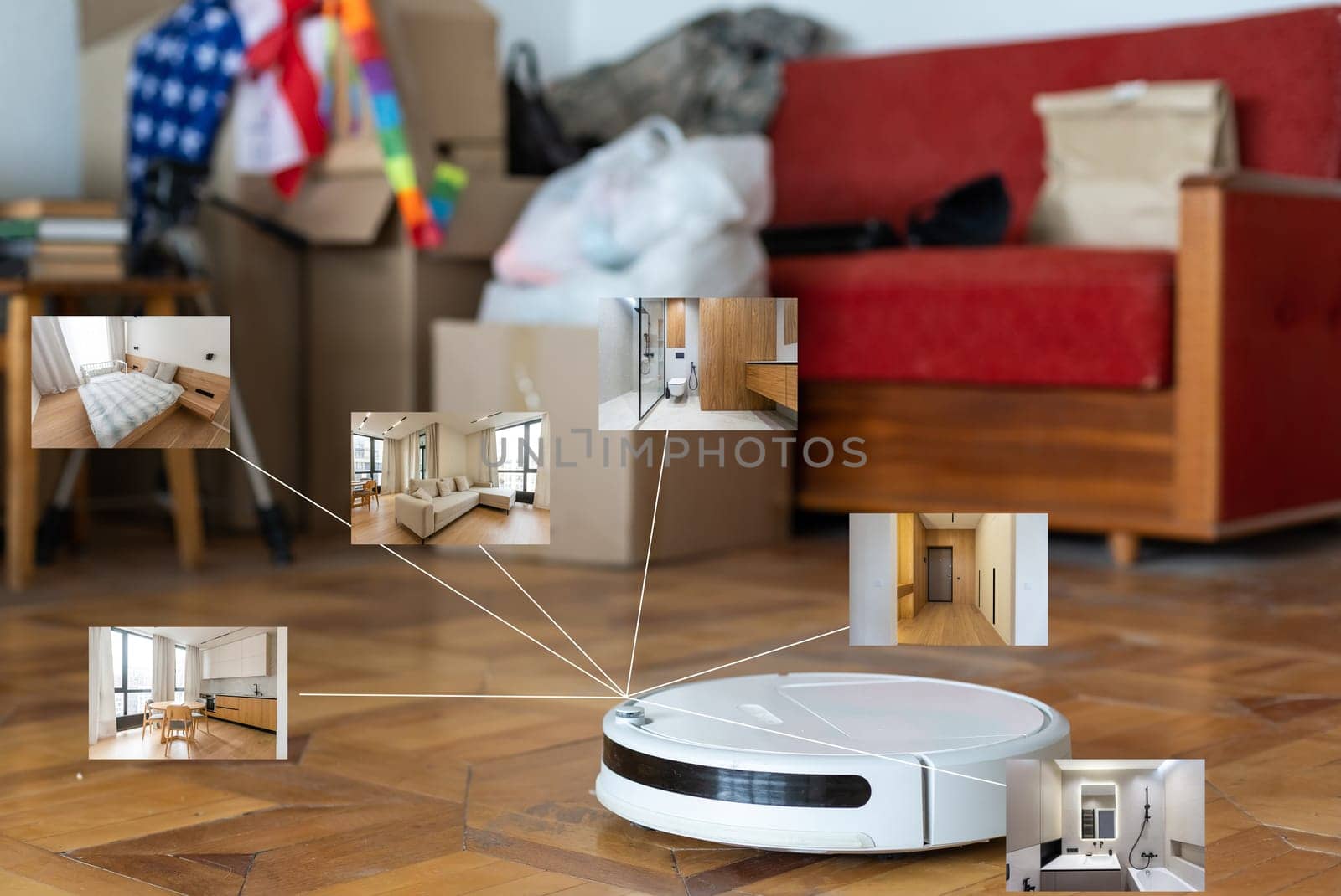 smart home application on robot vacuum cleaning floor in background in the modern living room