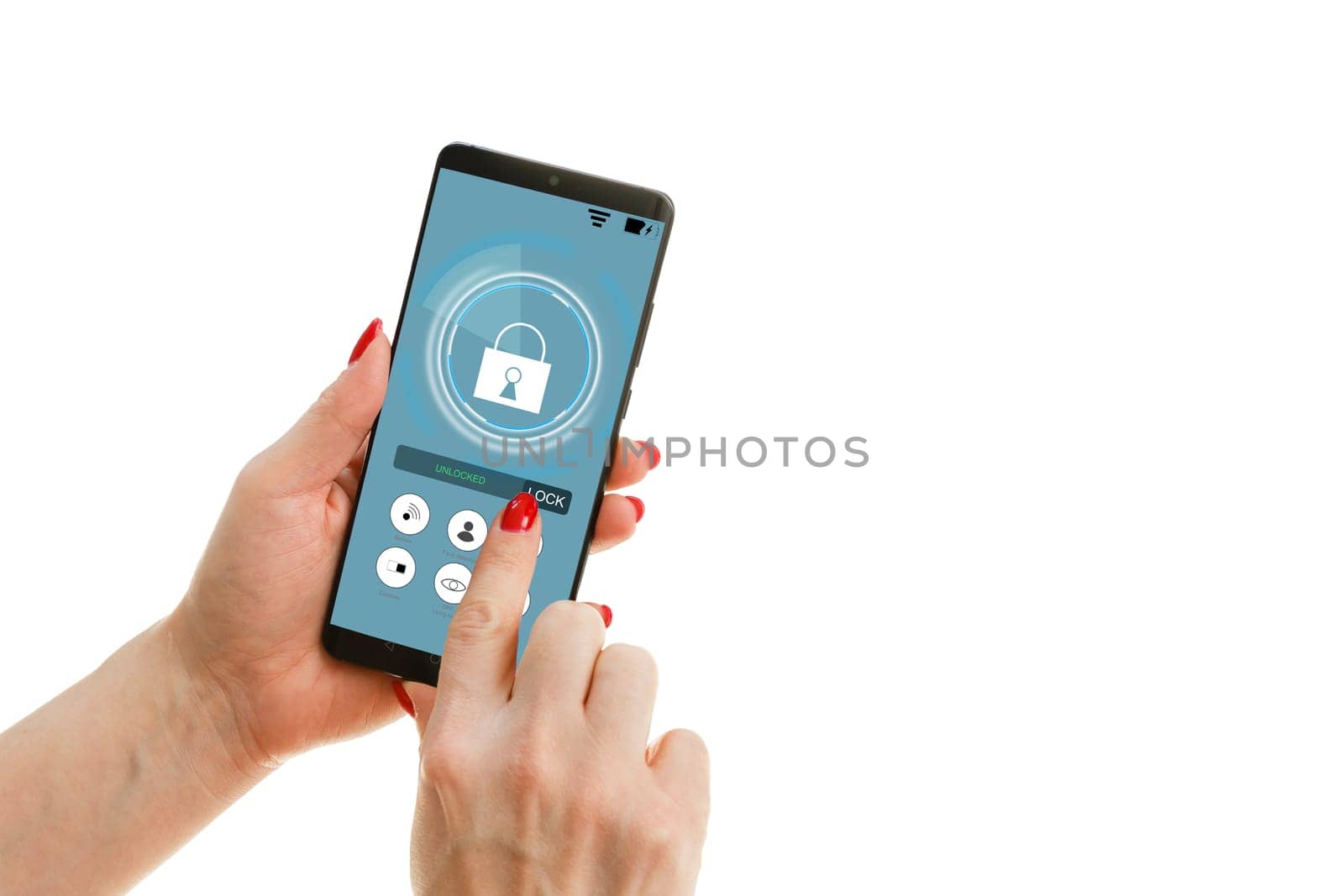 isolated woman hand holding the phone with system smart house by Andelov13