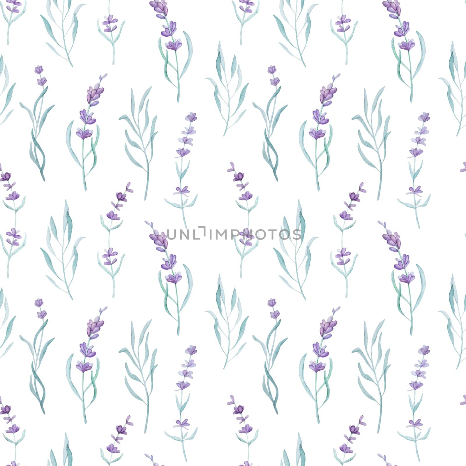 Beautiful lavender provence plant watercolor seamless pattern. Purple blossom flower composition aquarelle drawing for postcard design