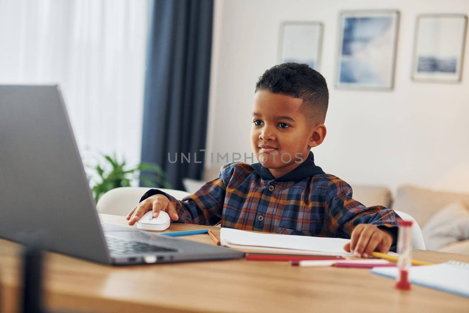 With laptop. Cheerful young boy is at home alone.