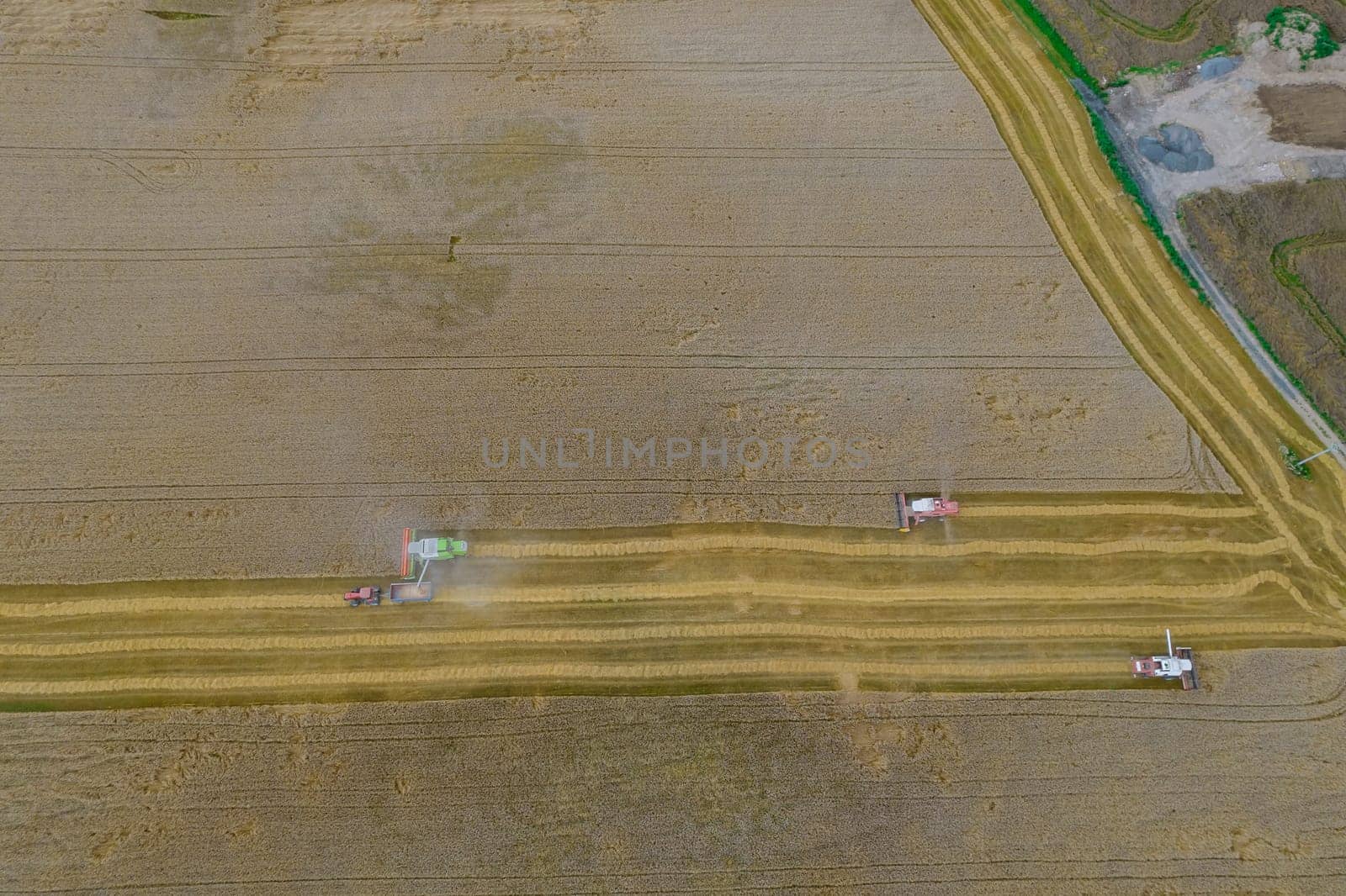 Combine harvesters harvest wheat, Wheat is poured into a tractor trailer. Summer wheat harvest. View from above, export of grain.