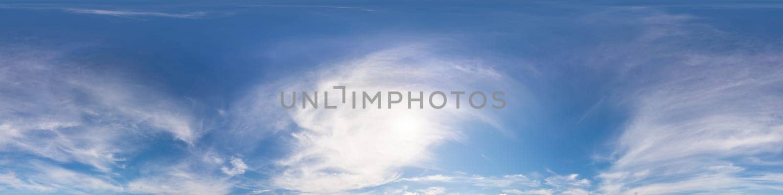 Sky panorama with Cirrus clouds in Seamless spherical equirectangular format. Full zenith for use in 3D graphics, game and editing aerial drone 360 degree panoramas for sky replacement