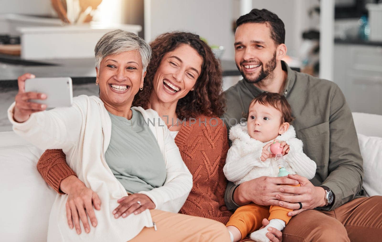 Family, baby and selfie on sofa with grandmother, happiness and bonding with love in living room together. Man, women and child for photography for social media app on lounge couch with care in house.
