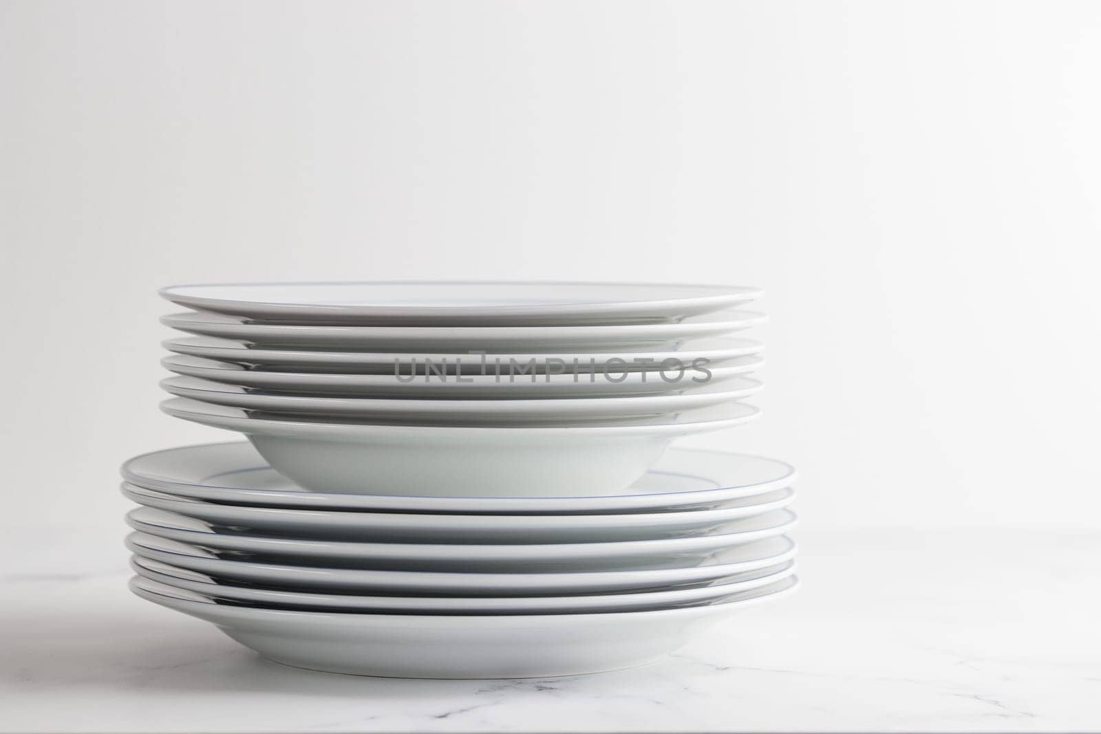 Empty white dinner plate with blue stripe on a white background