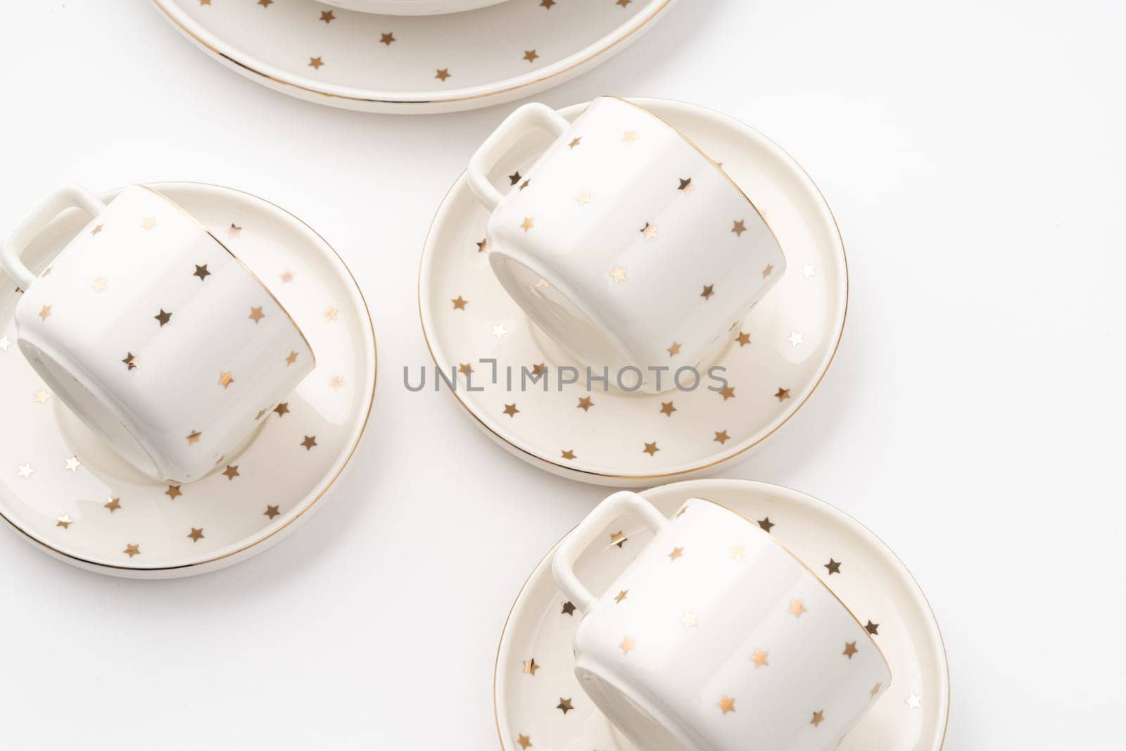 A set of ceramic tableware isolated on white background