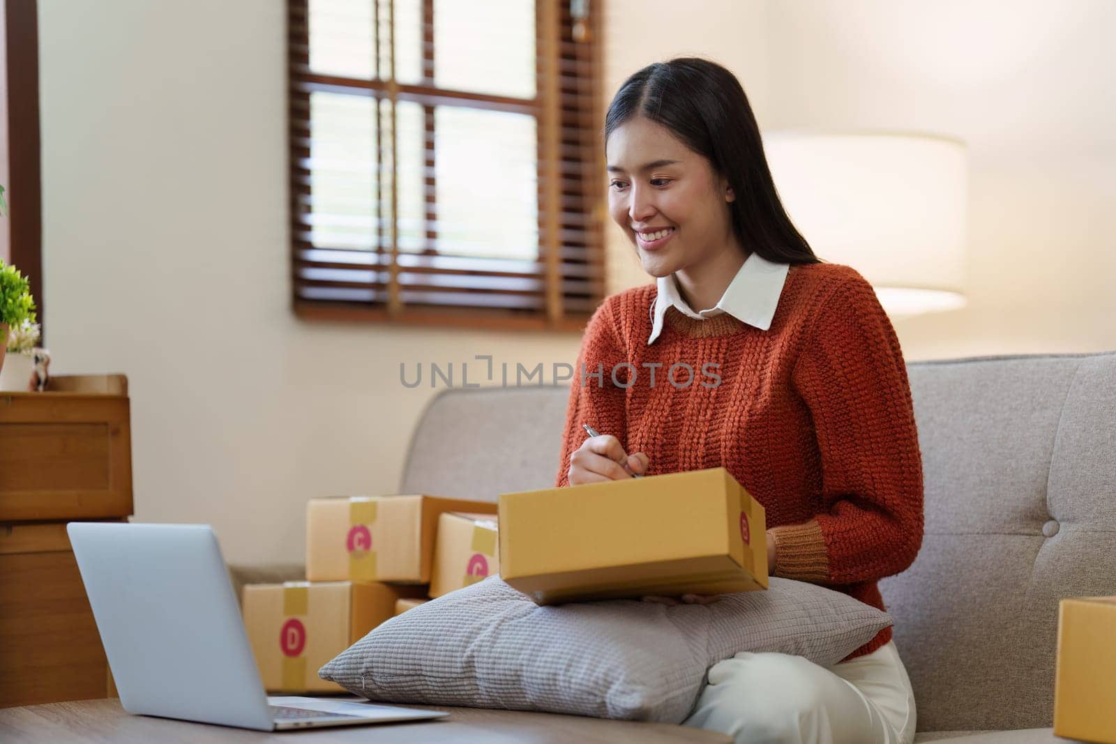 Small businesses SME owners female entrepreneurs check online orders to prepare to pack the boxes, sell to customers, sme business ideas online.