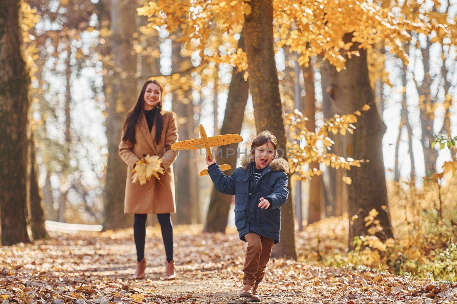 Playing with leaves. Mother with her son is having fun outdoors in the autumn forest.