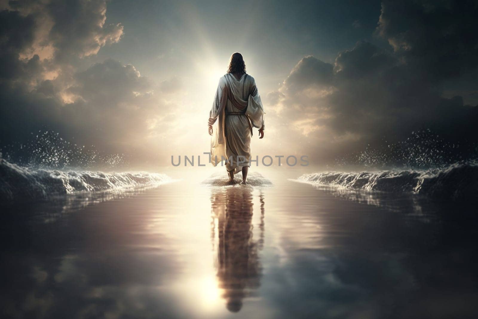 Jesus Christ walks on water. Religious concept . Bible. Faith. Drawing with paints. Painting.