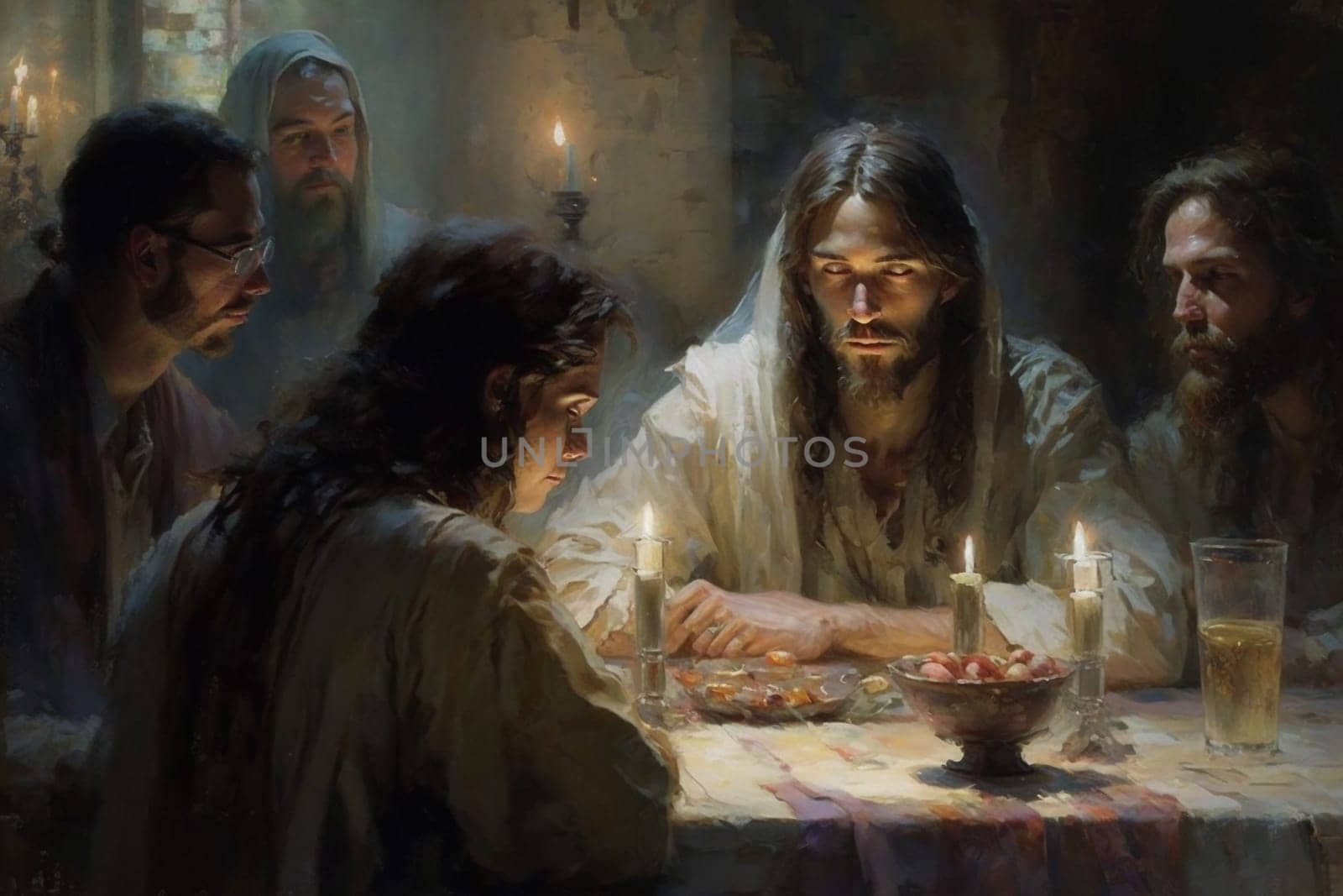 The Last Supper. The religious concept of the assembly of Jesus Christ with the 12 apostles. Bible. Faith. Drawing with paints. Painting.