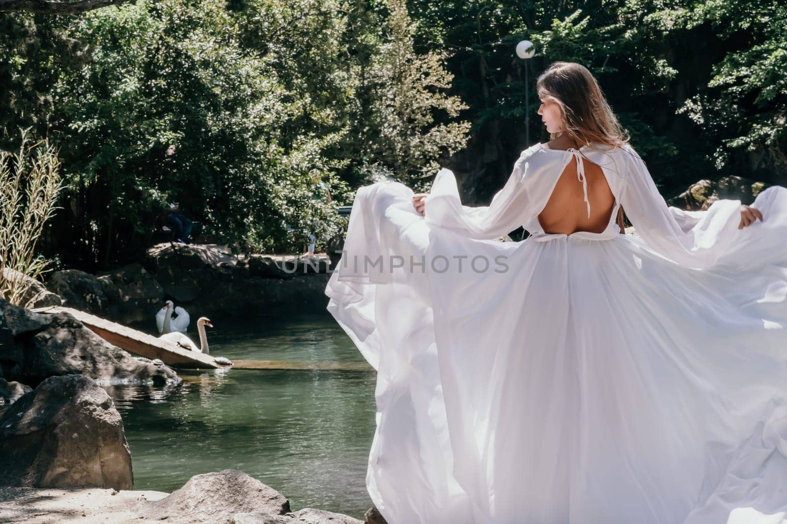 a beautiful woman in a long white dress looks into the distance at a beautiful lake with swans rear view by Matiunina