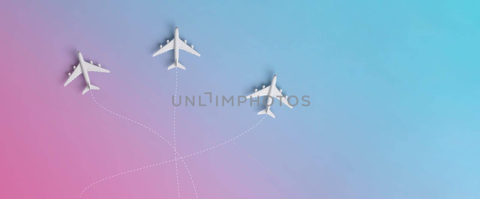 Three airplanes travelling to different destinations in gradient background. holiday or business trip concept. 3D rendering.