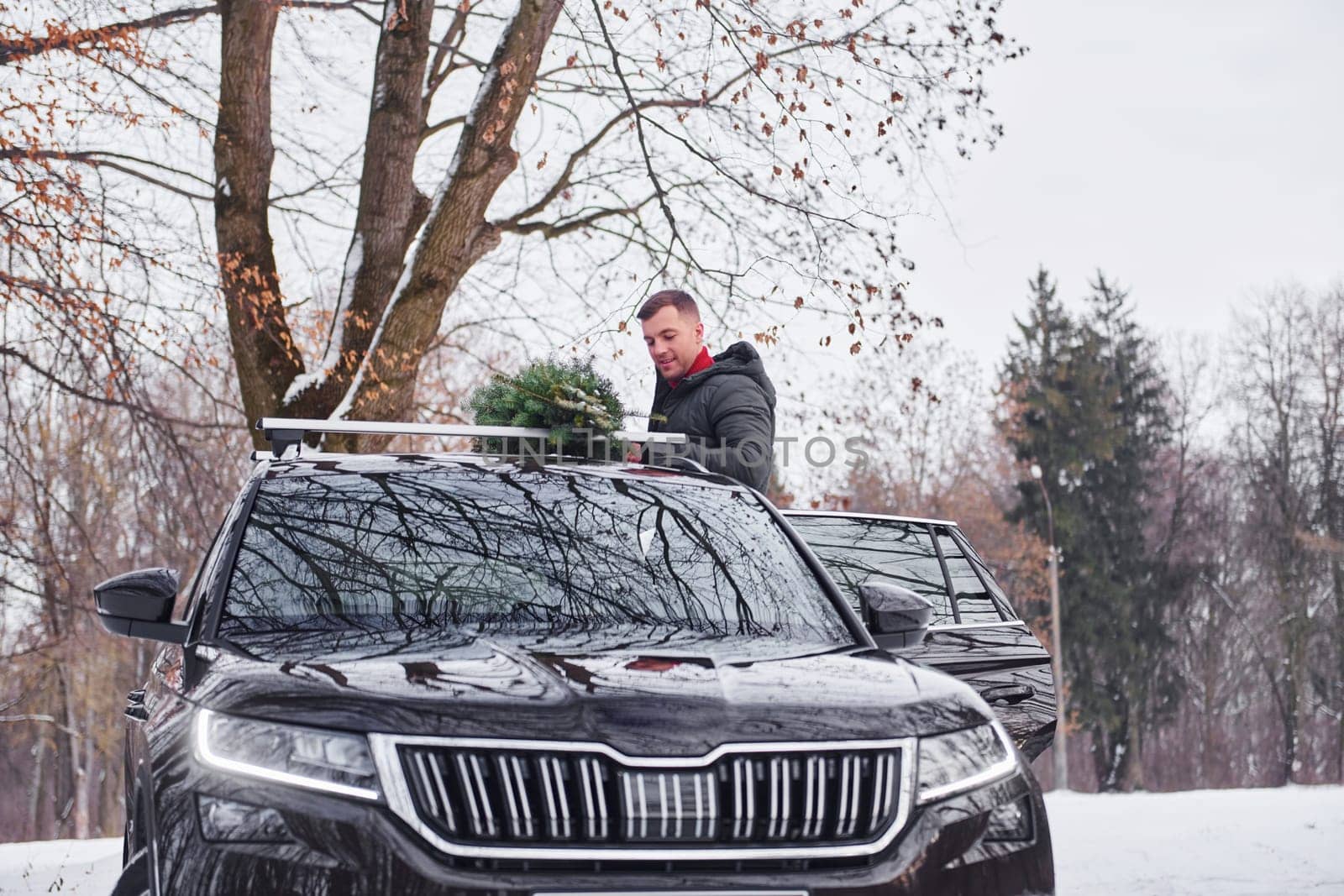 Preparing for the weekend. Man with little green fir is outdoors near his car. Conception of holidays.