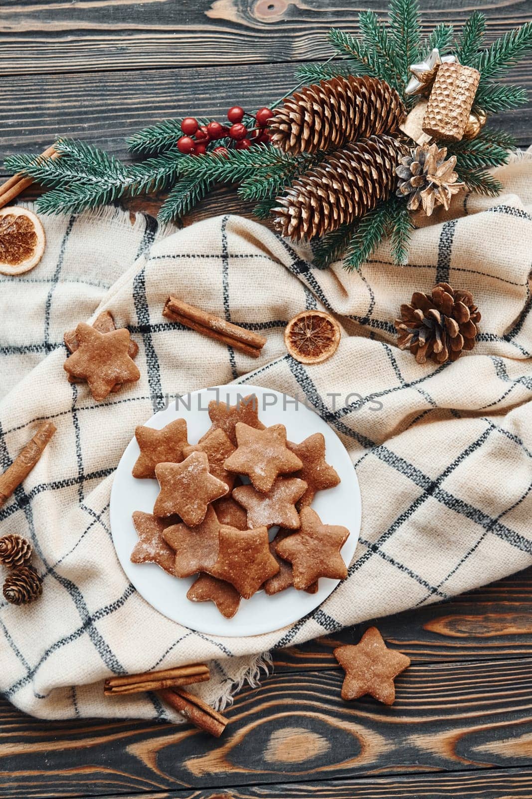 Sweet cookies. Christmas background with holiday decoration.