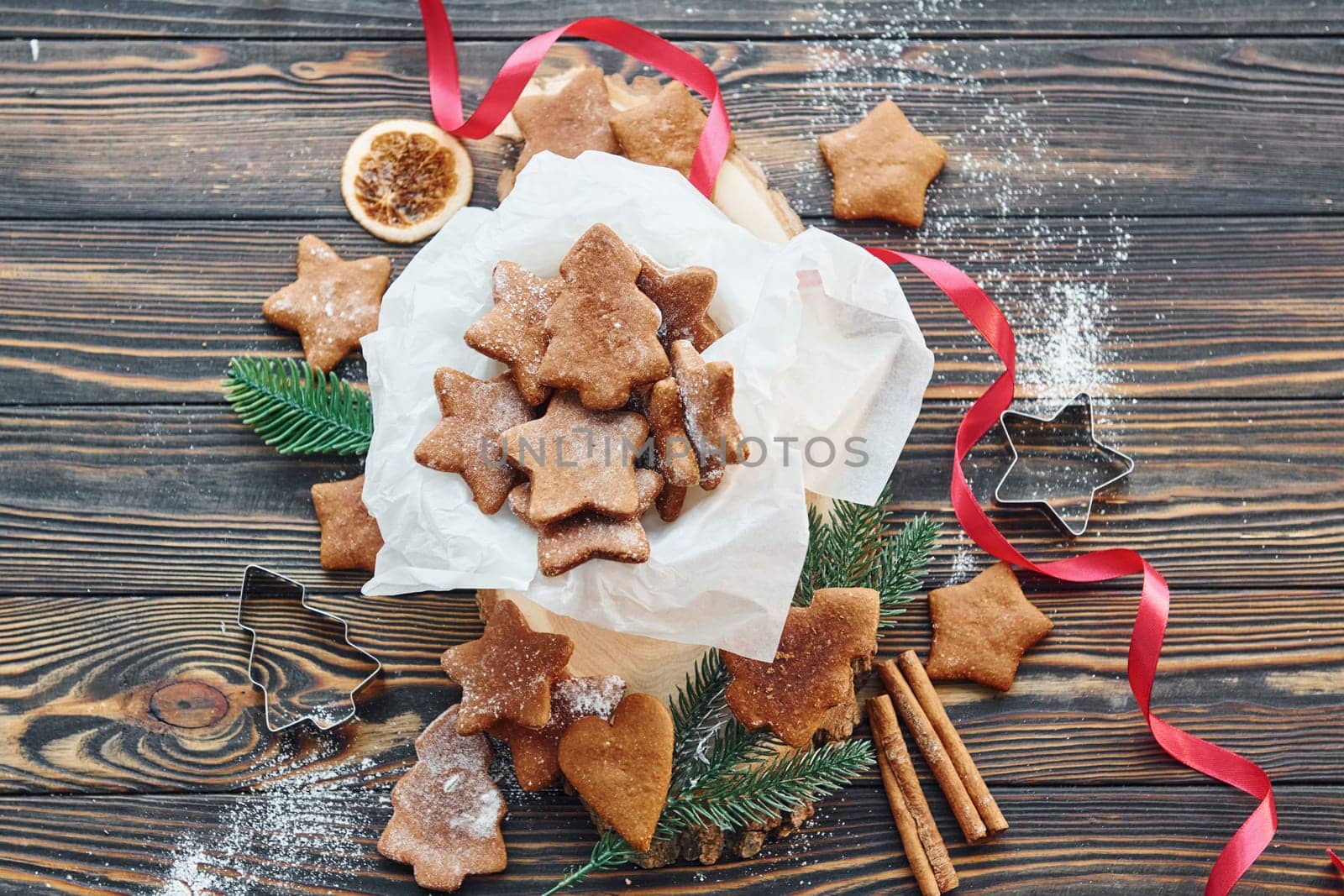 Wooden table. Christmas background with holiday decoration.