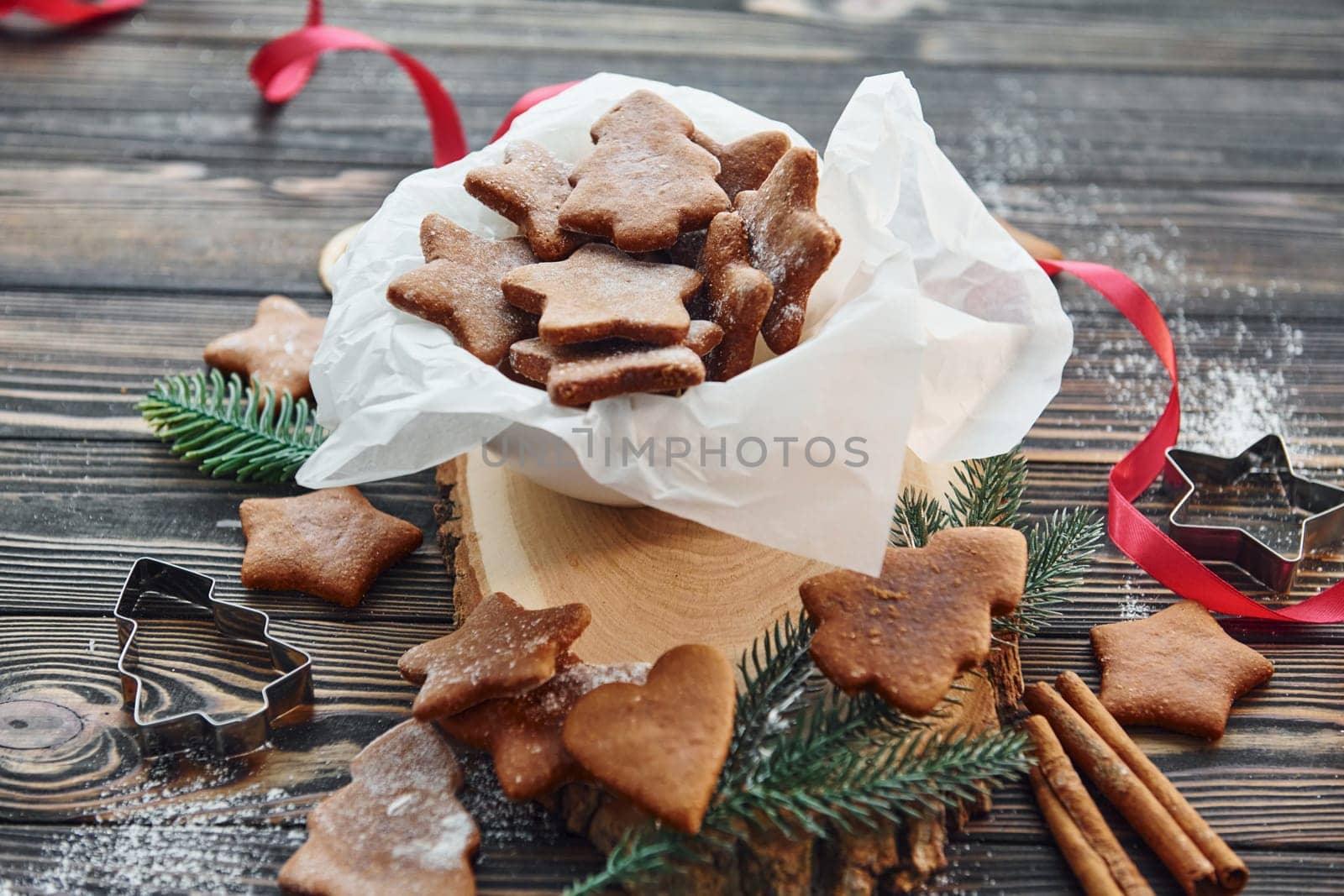 Wooden table. Christmas background with holiday decoration.