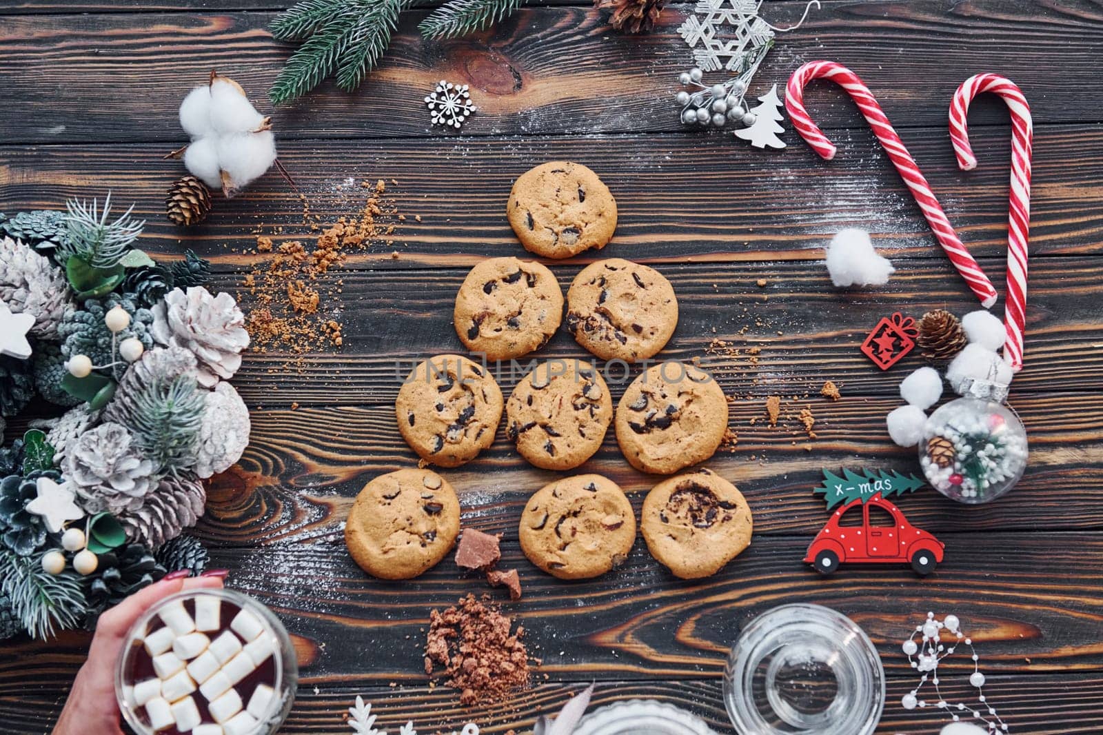Sweets and cookies. Christmas background with holiday decoration.