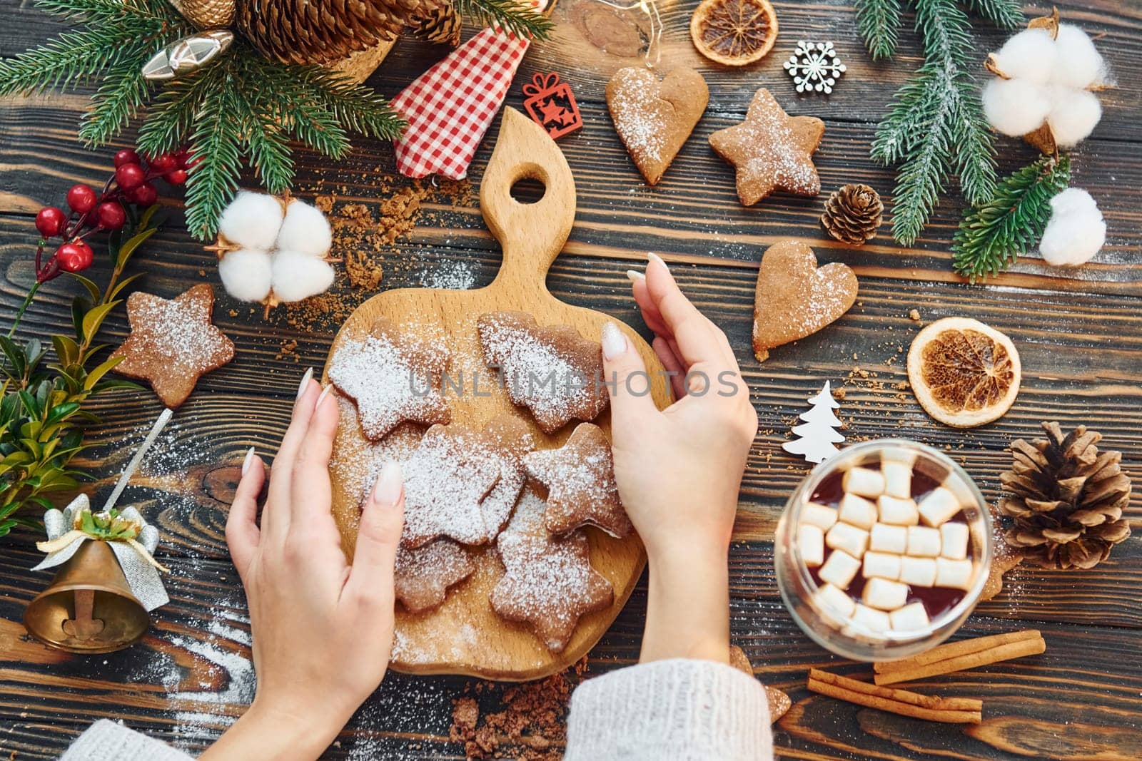 Woman decorating the table. Christmas background.