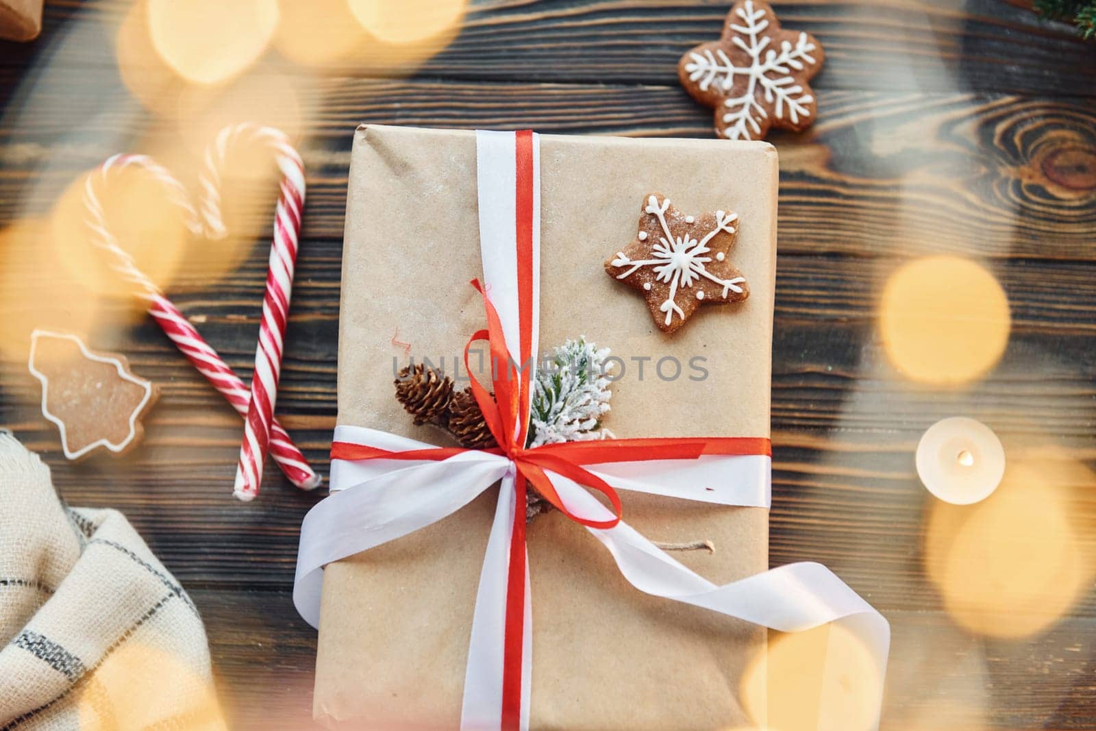 Gift box. Christmas background with holiday decoration.