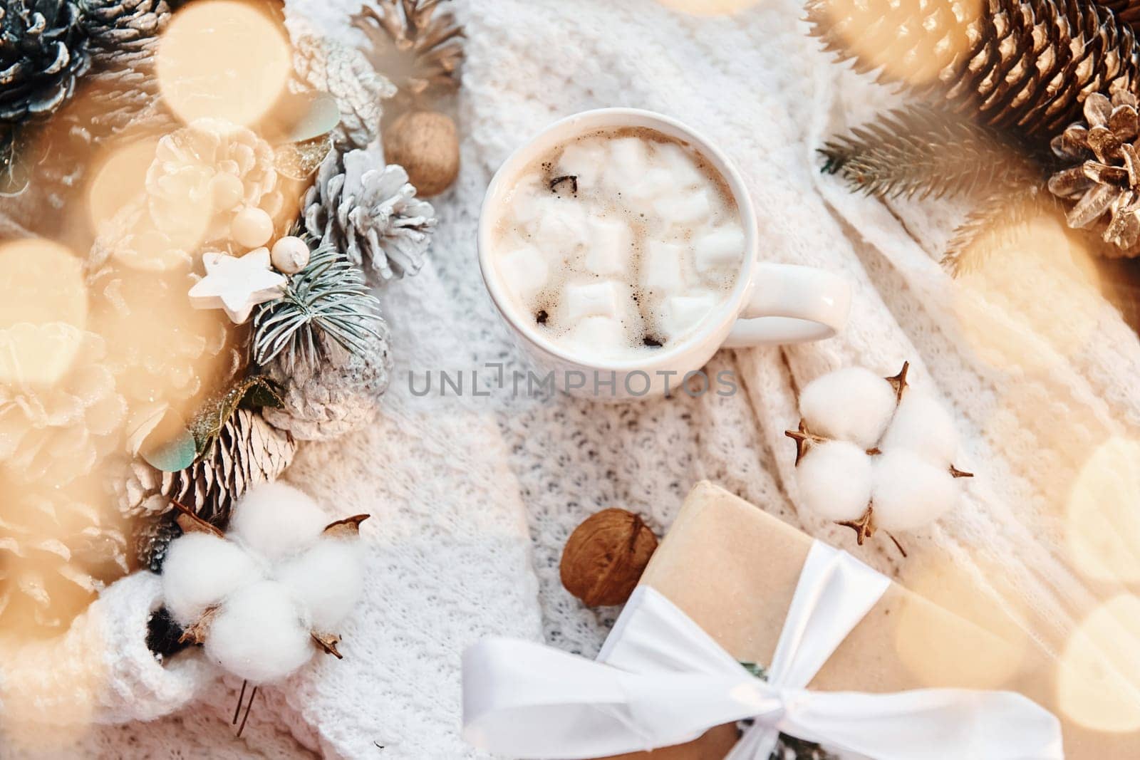 Drink in cup with marshmallow. Christmas background with holiday decoration by Standret