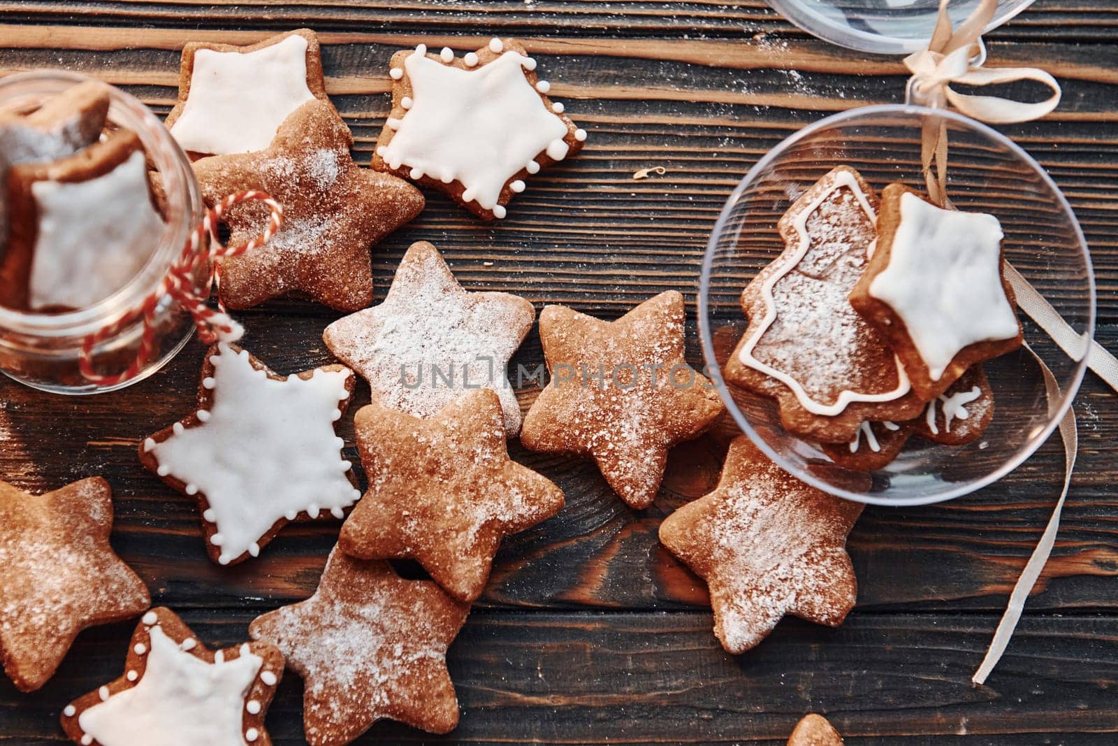 Cookies and sphere object. Christmas background with holiday decoration.