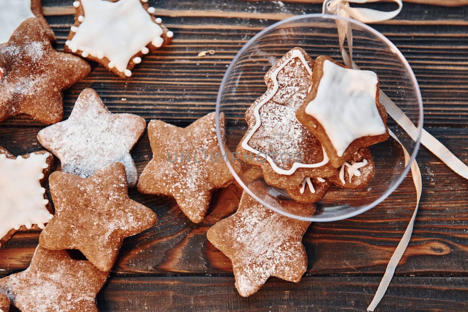 Cookies and sphere object. Christmas background with holiday decoration.