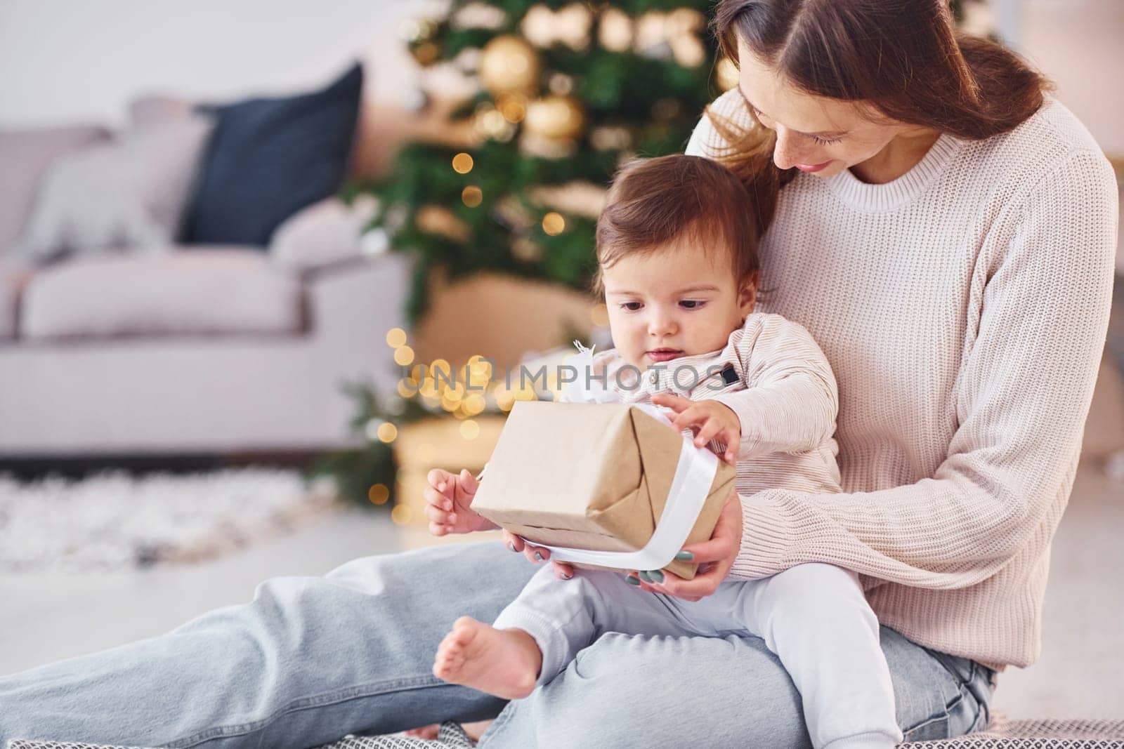 Having fun. Mother with her little daughter is indoors at home together.