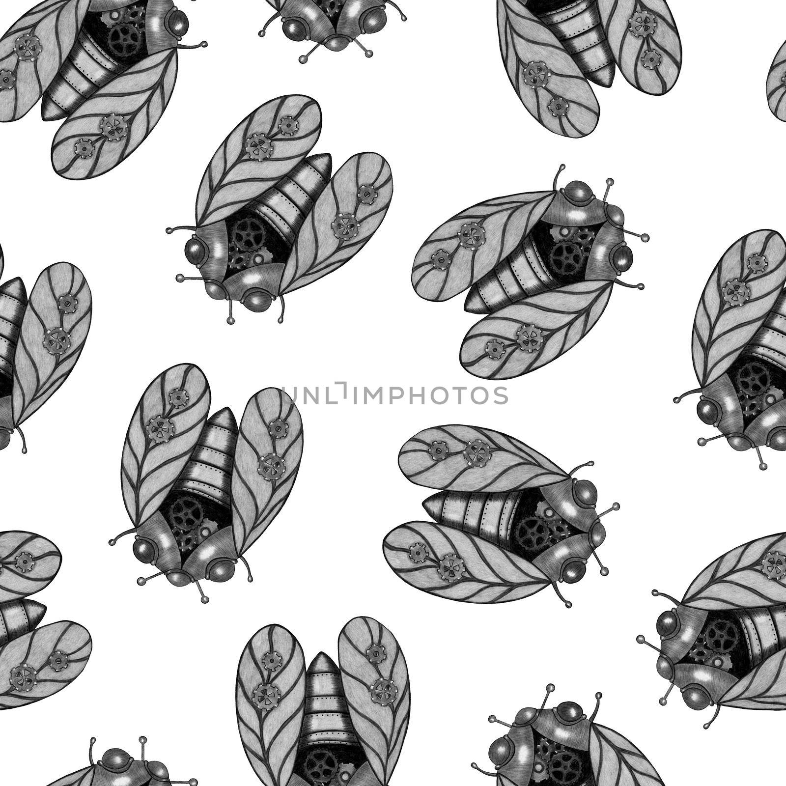Hand Drawn Seamless Pattern of Black and White Steampunk Cicada in Gray Colors on White Background. Steampunk Cicada Design Element Drawn by Pencil.