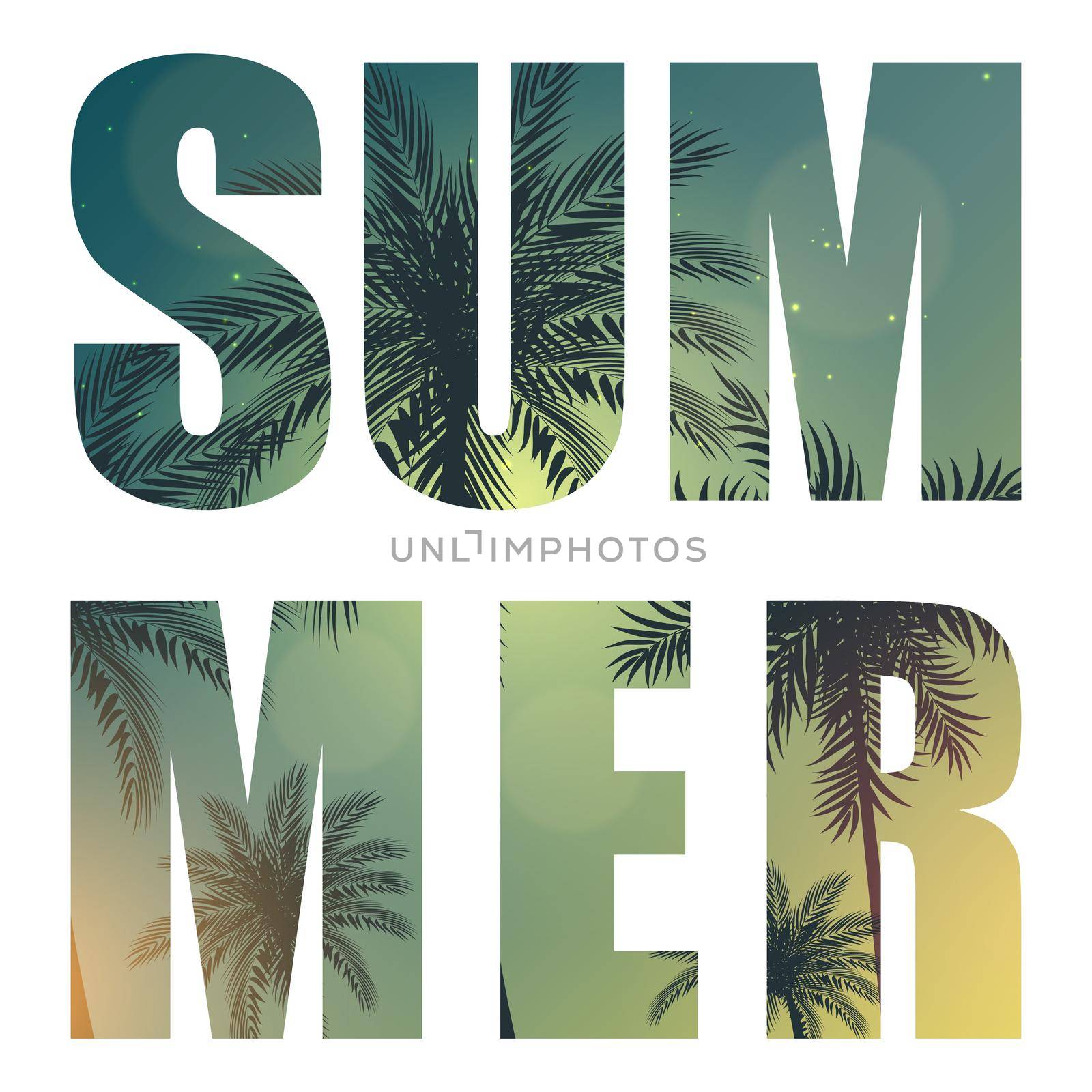 Summer Word from Beautifil Palm Tree Leaf Silhouette Background Vector Illustration by yganko