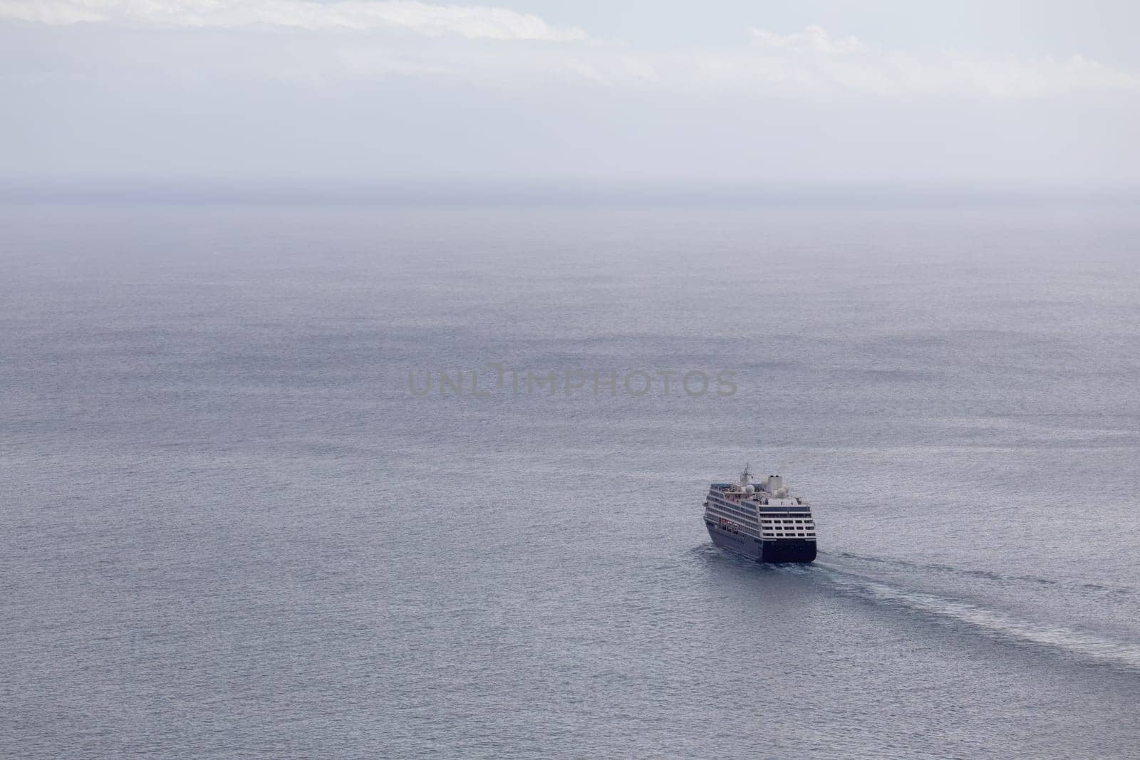 A cruise ship majestically sails across the horizon, a luxurious mode of transportation on the sparkling ocean.