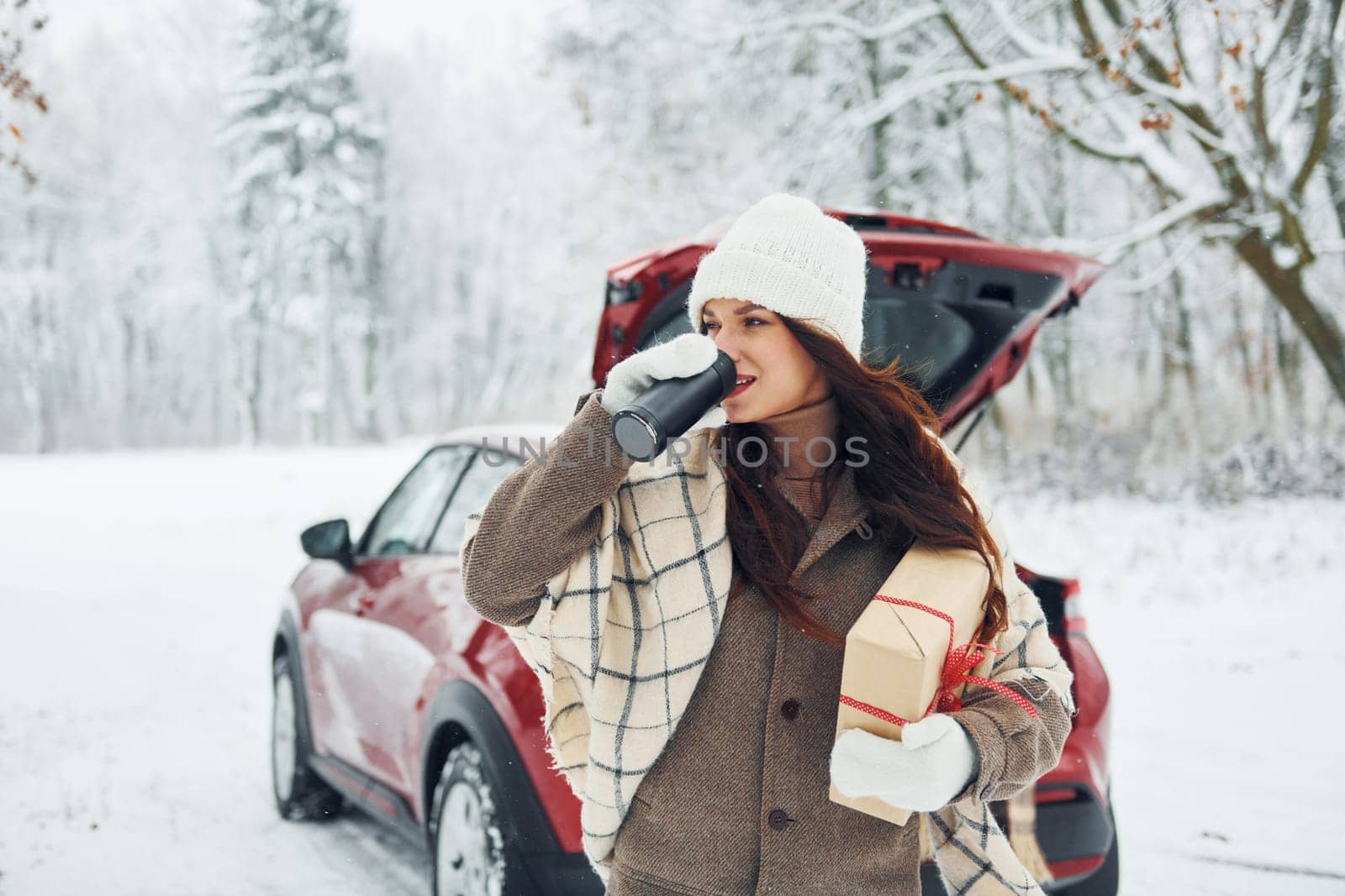In front of her car. Beautiful young woman is outdoors near her red automobile at winter time.