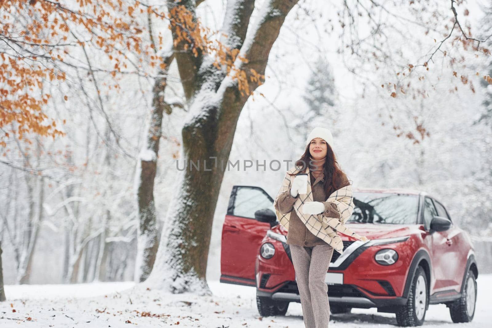 Cheerful emotions. Beautiful young woman is outdoors near her red automobile at winter time.