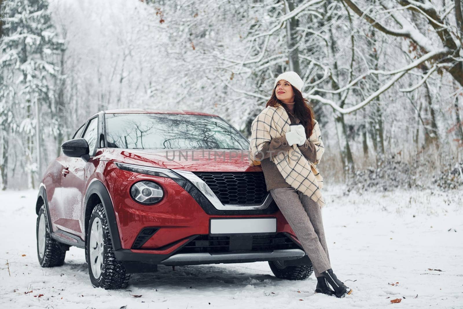 Beautiful winter background. Beautiful young woman is outdoors near her red automobile at winter time.