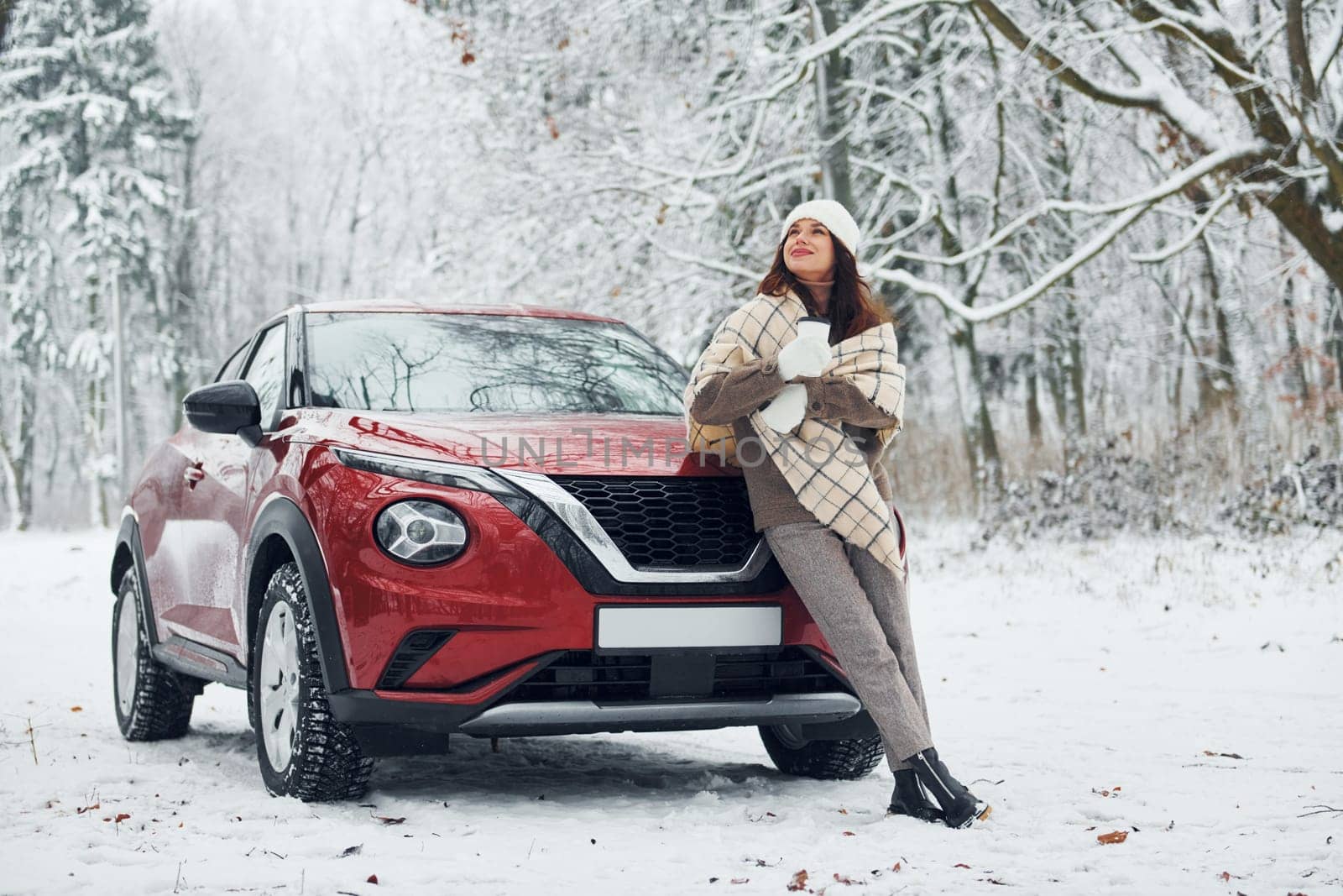 Beautiful winter background. Beautiful young woman is outdoors near her red automobile at winter time.